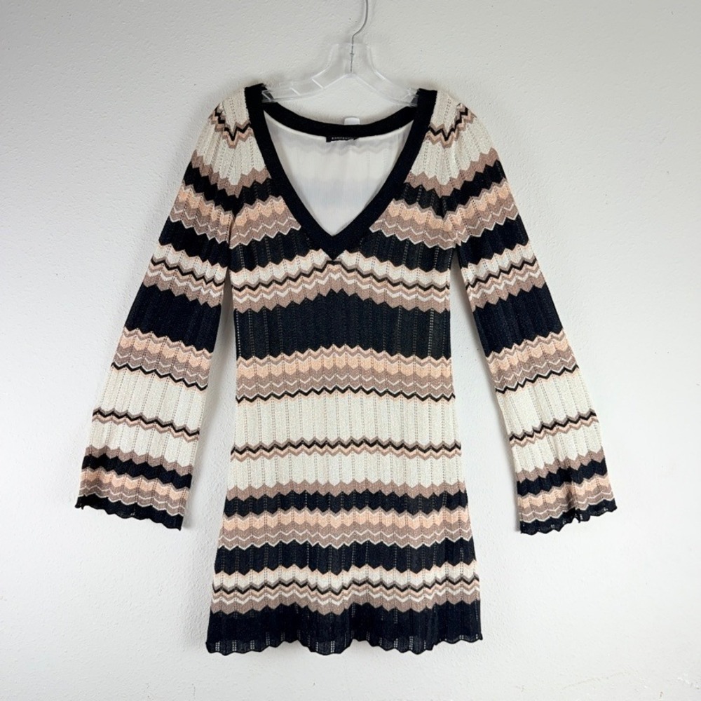 Bebe Zig Zag Knit Tunic Dress Small Black Tan Metallic Boho Retro 70s Core